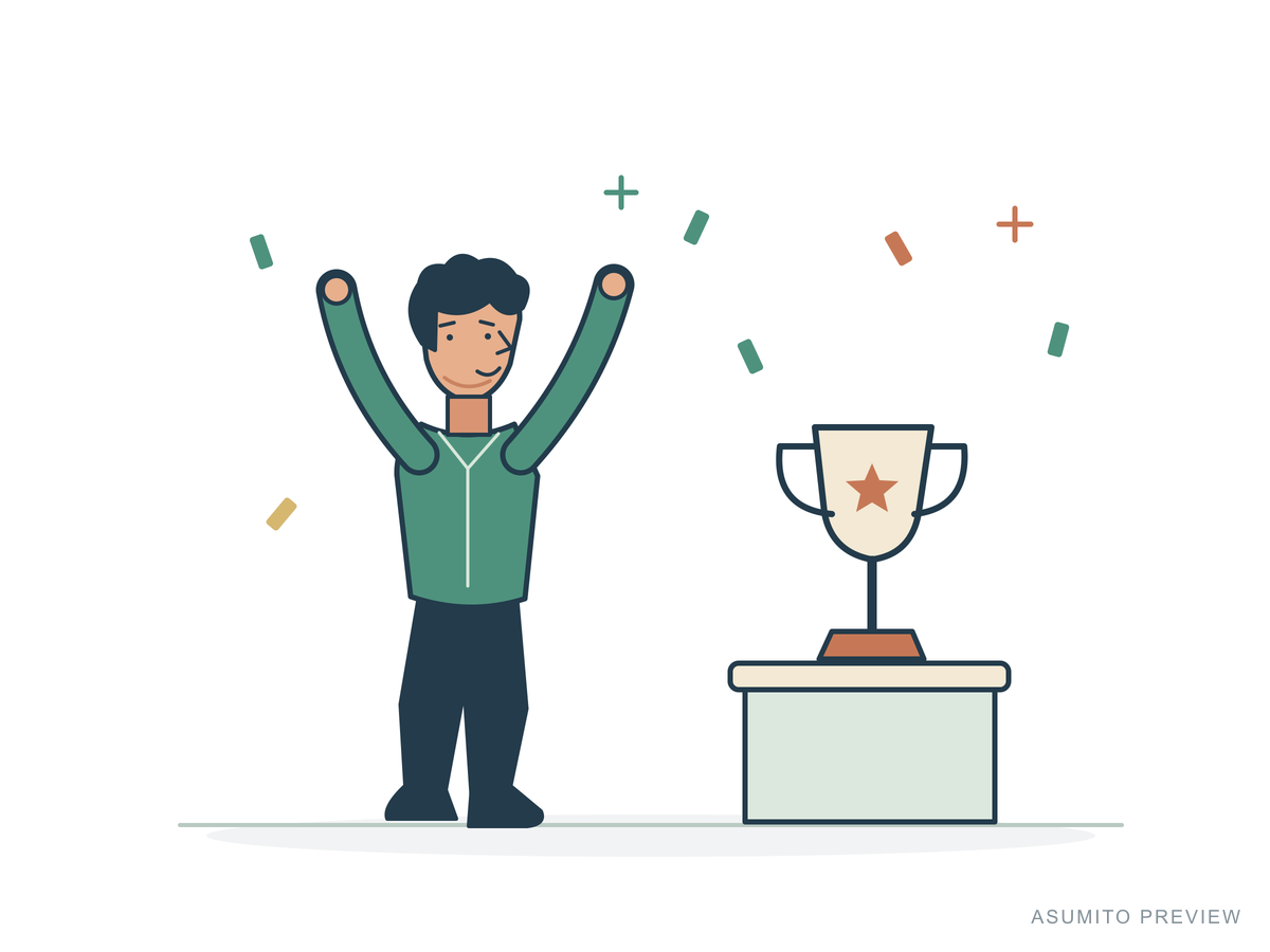 Celebrating, appearance A: short hair. Raised arms beside a trophy.
