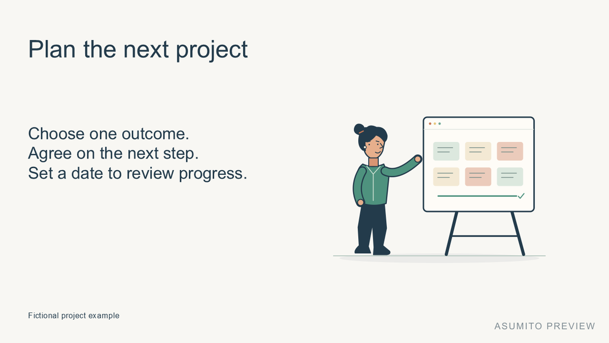 Fictional project-plan presentation layout using Planning appearance B beside short text.