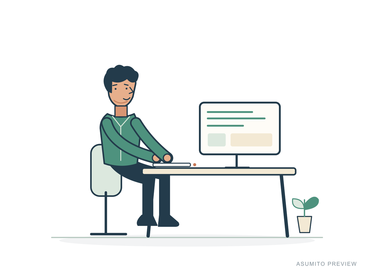 Focus work, appearance A: short hair. A seated person working at a desk.