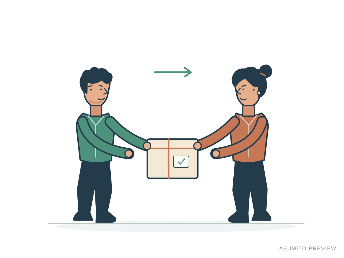 Handoff, appearance A: short hair. A parcel passed between two people.