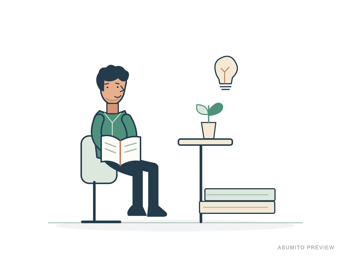 Learning, appearance A: short hair. An open book and a quiet reading space.