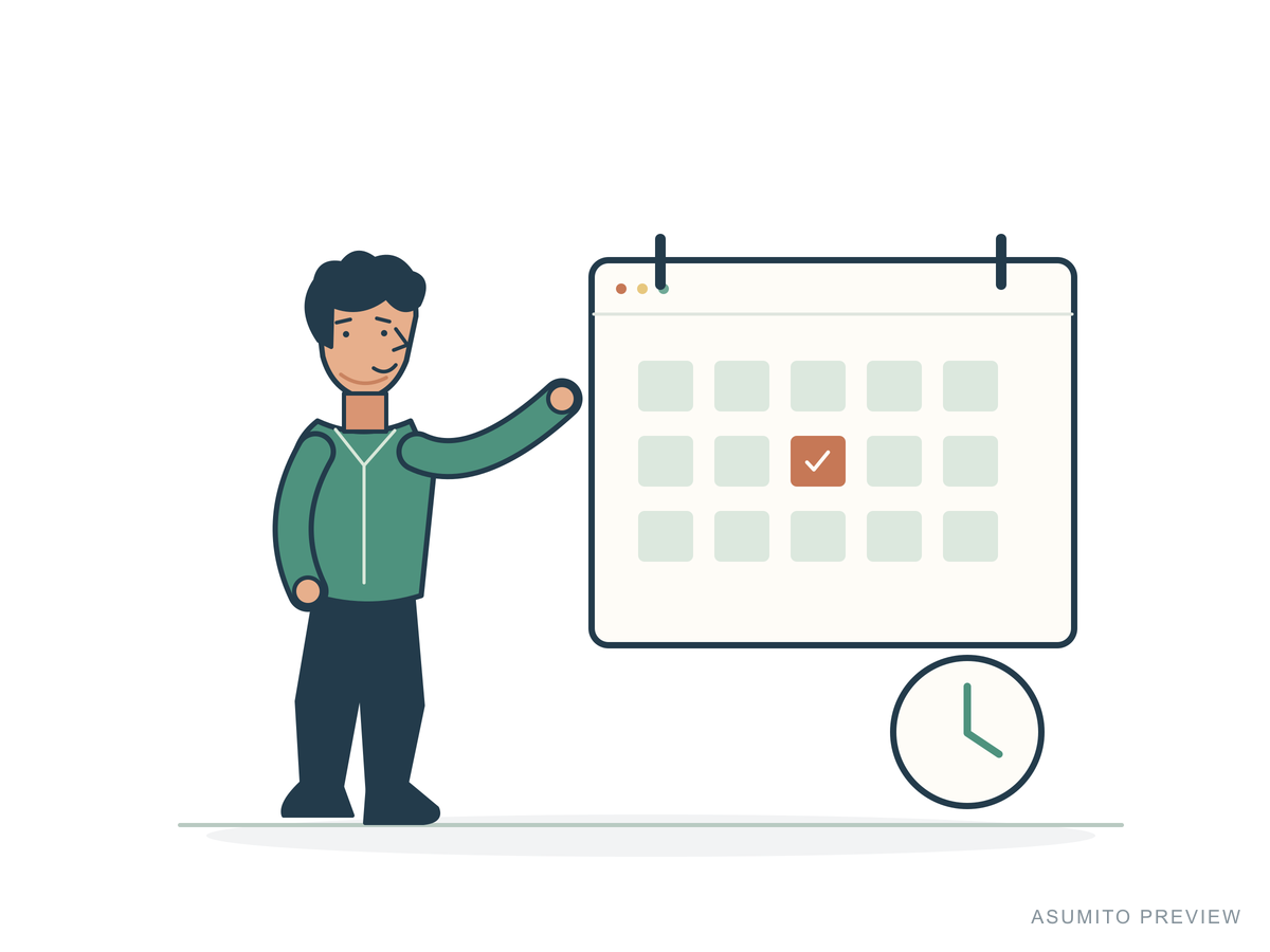 Scheduling, appearance A: short hair. A chosen calendar date beside a clock.