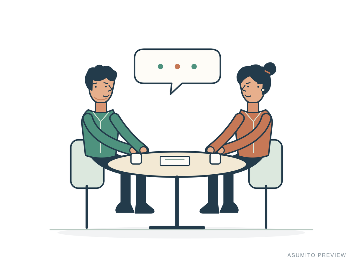 Team meeting, appearance A: short hair. Two people exchanging ideas at a table.